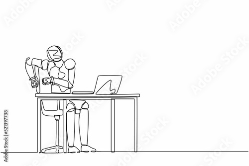 Single continuous line drawing scared robot looking at laptop computer screen. Modern robotic artificial intelligence. Electronic technology industry. One line draw graphic design vector illustration © Simple Line