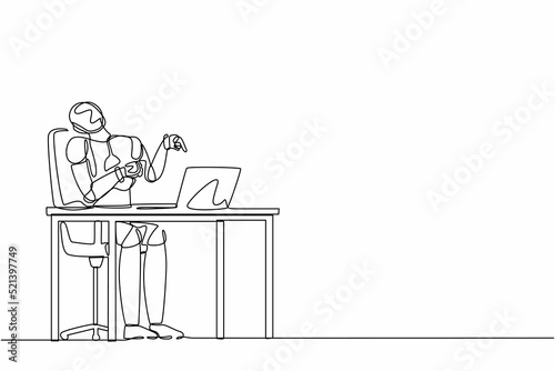 Continuous one line drawing robot manager laughing out loud while pointing his finger at laptop. Humanoid robot cybernetic organism. Future robotic development. Single line design vector illustration