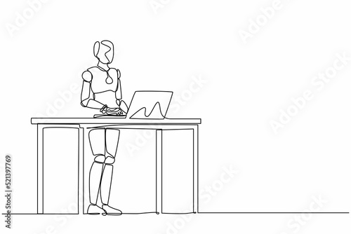 Single continuous line drawing smart robot standing and working behind desk. Modern robotic artificial intelligence. Electronic technology industry. One line draw graphic design vector illustration