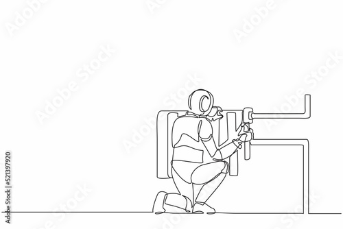 Continuous one line drawing robot plumber repairing and installation of batteries heater radiator. Humanoid robot cybernetic organism. Future robotic. Single line design vector graphic illustration