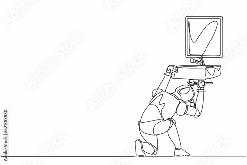 Single continuous line drawing robot plumber worker repair sink in bathroom and plumbing pipes. Robotic artificial intelligence. Electronic technology. One line draw graphic design vector illustration