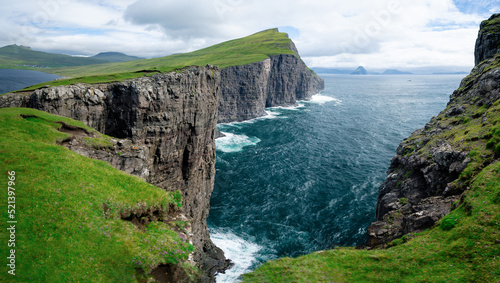 Incredible view of Sorvagsvatn or Leitisvatn is the largest lake in the Faroe Islands. It is situated on the island of Vagar between the municipalities of Sorvagur and Vagar. Beauty of nature concept