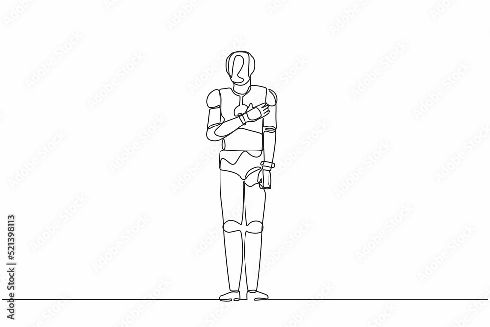 Single one line drawing robot keeping hands on chest. Smiling friendly robot expressing gratitude. Artificial intelligence and machine learning processes. Continuous line design vector illustration Single one line drawing robot keeping hands on chest. Smiling friendly robot expressing gratitude. Artificial intelligence and machine learning processes. Continuous line design vector illustration