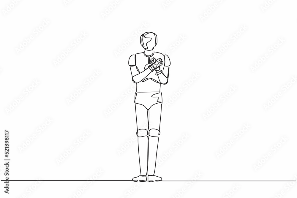 Single continuous line drawing robot keeping hands on chest. Robot suffering from chest pain or heart attack. Robotic artificial intelligence. Dynamic one line draw graphic design vector illustration Single continuous line drawing robot keeping hands on chest. Robot suffering from chest pain or heart attack. Robotic artificial intelligence. Dynamic one line draw graphic design vector illustration