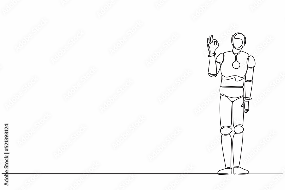 Continuous one line drawing robot gesturing ok sign with fingers. Okay sign gesture. Humanoid robot cybernetic organism. Future robotic development. Single line draw design vector graphic illustration Continuous one line drawing robot gesturing ok sign with fingers. Okay sign gesture. Humanoid robot cybernetic organism. Future robotic development. Single line draw design vector graphic illustration