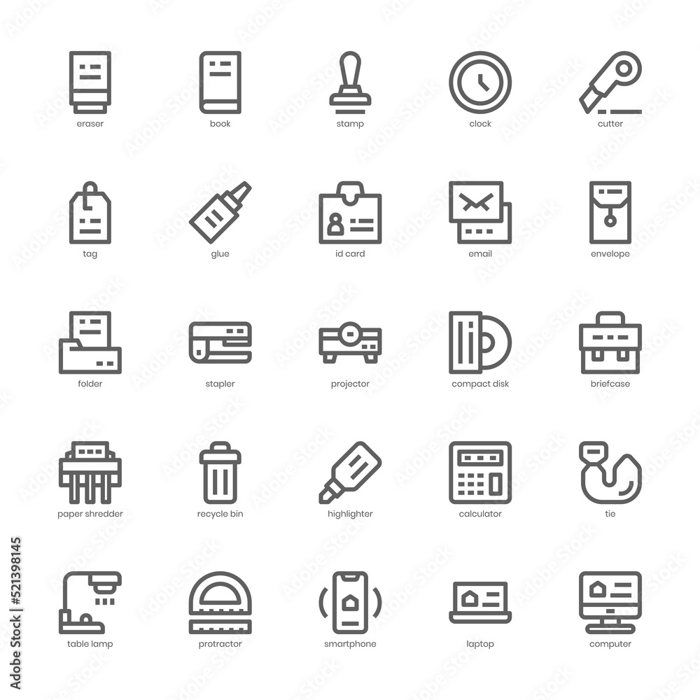 Stationery icon pack for your website, mobile, presentation, and logo design. Stationery icon outline design. Vector graphics illustration and editable stroke.