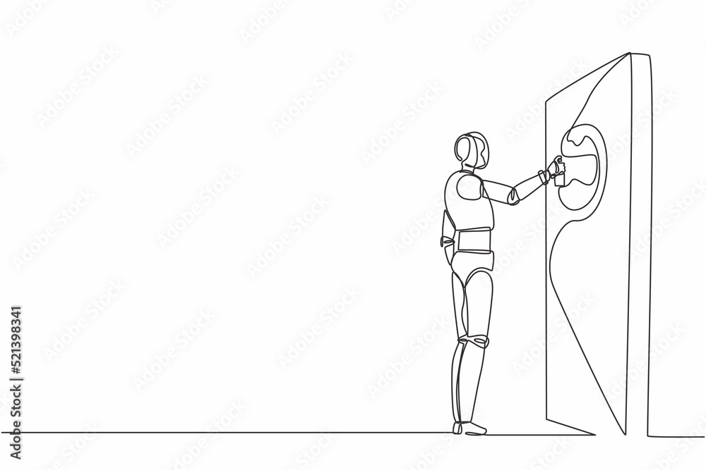 Single one line drawing robot is painting abstract picture on the wall. Future technology development. Artificial intelligence and machine learning. Continuous line design graphic vector illustration