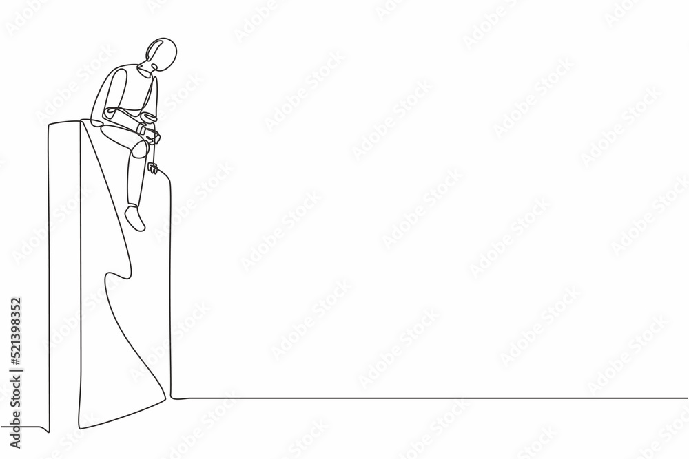 Single continuous line drawing robot sad sitting on wall thinking of profit loss, crisis. Robotic artificial intelligence technology. Electronic technology. One line graphic design vector illustration