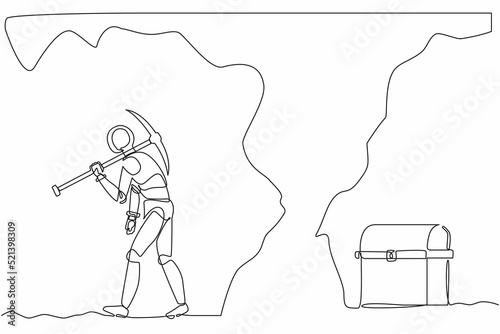 Continuous one line drawing robot gives up digging not knowing treasure chest is almost revealed. Humanoid robot cybernetic organism. Future robotics. Single line design vector graphic illustration