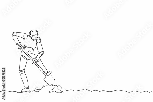 Continuous one line drawing robot step on shovel and digging in dirt to find chest treasure. Humanoid robot cybernetic organism. Future robotics development. Single line design vector illustration