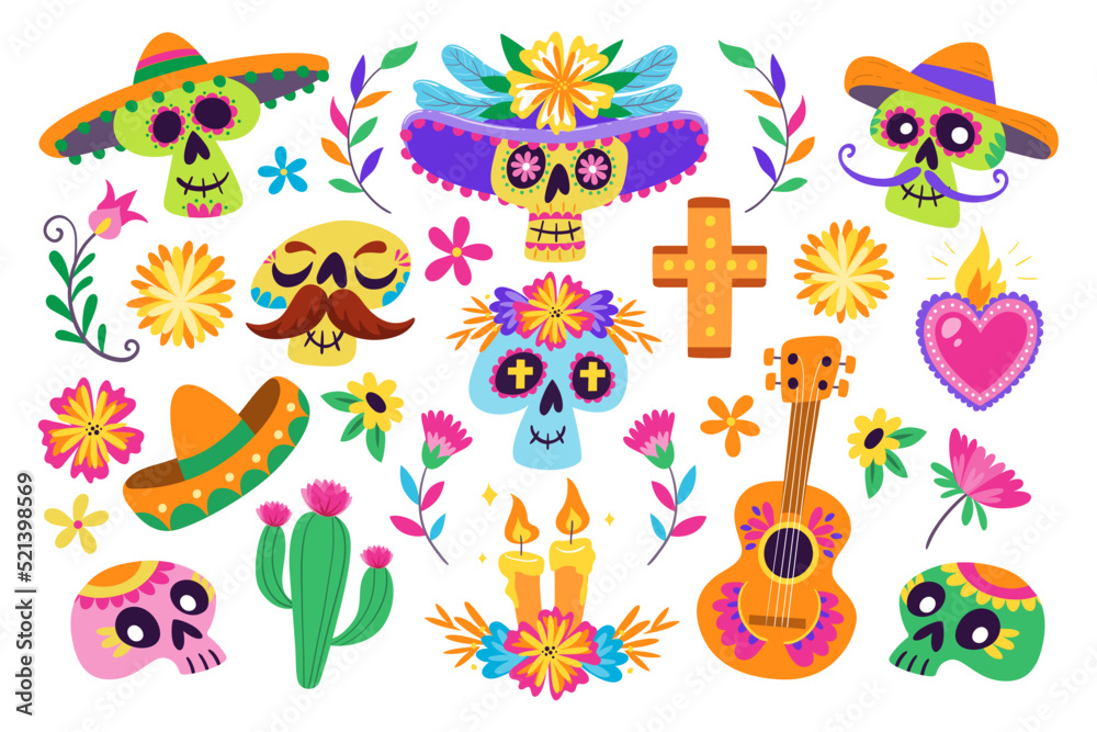 Naklejka premium Mexican Dia de los Muertos cliparts. Colorful background with 24 cliparts to celebrate the Mexican Day of the Dead. Isolated elements, perfect for sticker designs, online posts, party events.