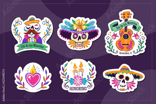 Mexican Dia de los Muertos stickers. 6 stickers with traditional Mexican elements to celebrate the Day of the Dead. Isolated elements, perfect for sticker designs, online posts, party events. Set 1-3.