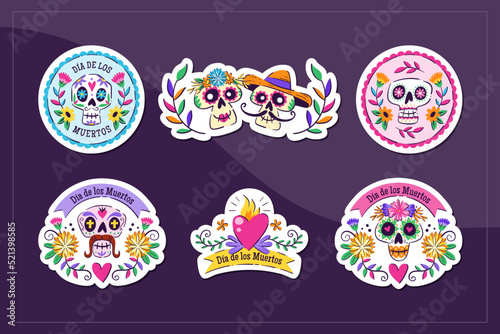 Mexican Dia de los Muertos stickers. 6 stickers with traditional Mexican elements to celebrate the Day of the Dead. Isolated elements, perfect for sticker designs, online posts, party events. Set 2-3. photo
