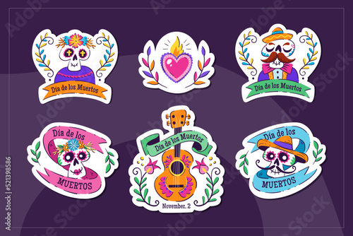 Mexican Dia de los Muertos stickers. 6 stickers with traditional Mexican elements to celebrate the Day of the Dead. Isolated elements, perfect for sticker designs, online posts, party events. Set 3/3.