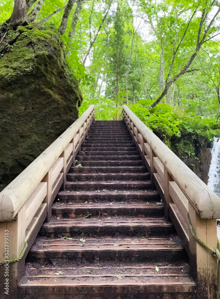 木製の階段　青森県の奥入瀬渓流