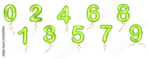 Set of foil green balloons shape of numbers from 0 to 9 with golden ribbons