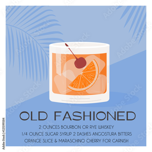 Old Fashioned Cocktail in glass with ice garnished with orange slice and maraschino cherry. Whiskey Sour summer aperitif tropical poster. Minimalistic trendy print with alcoholic beverage. Vector.