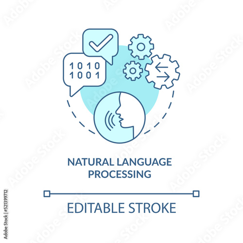 Natural language processing turquoise concept icon. Machine learning engineer skill abstract idea thin line illustration. Isolated outline drawing. Editable stroke. Arial, Myriad Pro-Bold fonts used