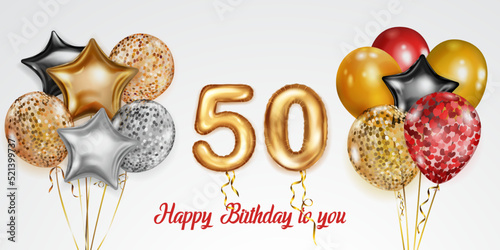 Festive birthday illustration with colored helium balloons, big number 50 golden foil balloon and inscription Happy Birthday on white background