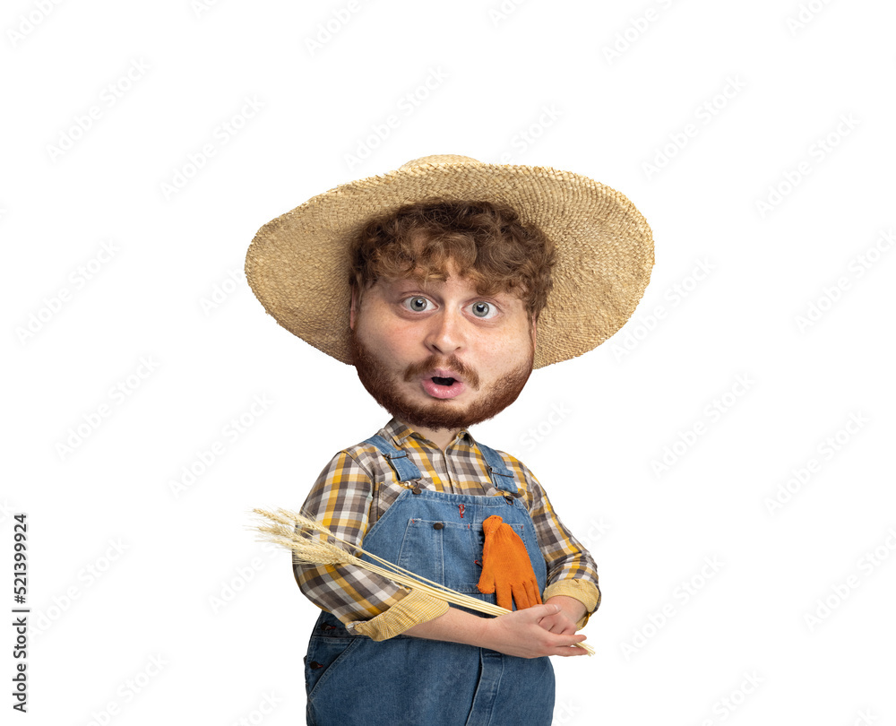 Surprised farmer. Funny man with a caricature face isolated over white ...