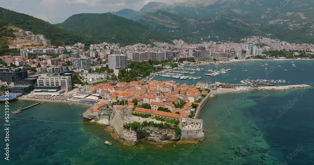 aerial view from the sea of old town budva aerial view from the sea of old town budva