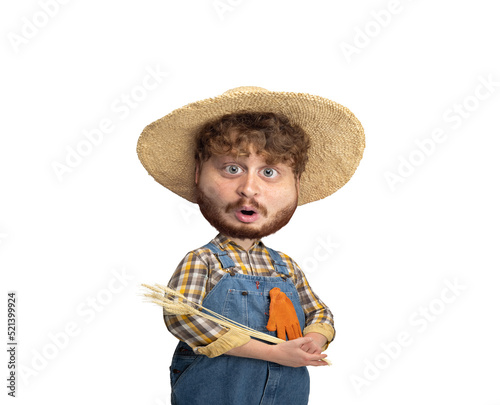 Surprised farmer. Funny man with a caricature face isolated over white background. Cartoon style character with big head.