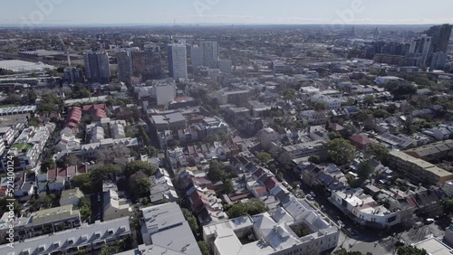Flying Over Residential Buildings, Streets To High-rise Apartment Complex In Redfern, New South Wales, Australia. - aerial photo