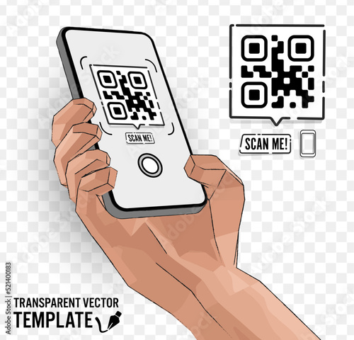 Vector cartoon hand holding the black smartphone with a QR code on the camera app and scan me banner - modern smartphone frameless design - template for mobile app or internet shop link