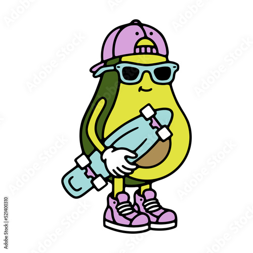 color avocado with a skateboard in sneakers on a white background