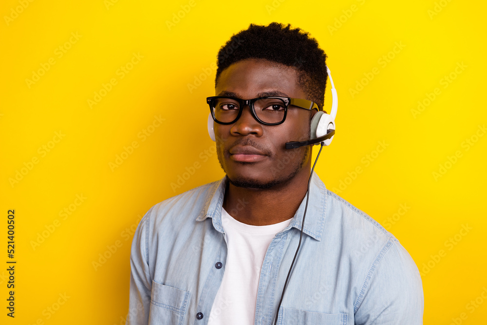 Portrait of confident staff secretary wear headset ready help clients listen feedback isolated shine color background Portrait of confident staff secretary wear headset ready help clients listen feedback isolated shine color background
