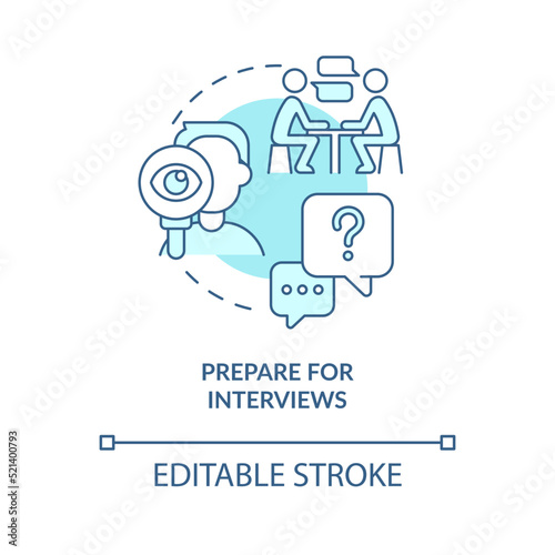 Prepare for interviews turquoise concept icon. Apply for position. Data scientist abstract idea thin line illustration. Isolated outline drawing. Editable stroke. Arial, Myriad Pro-Bold fonts used