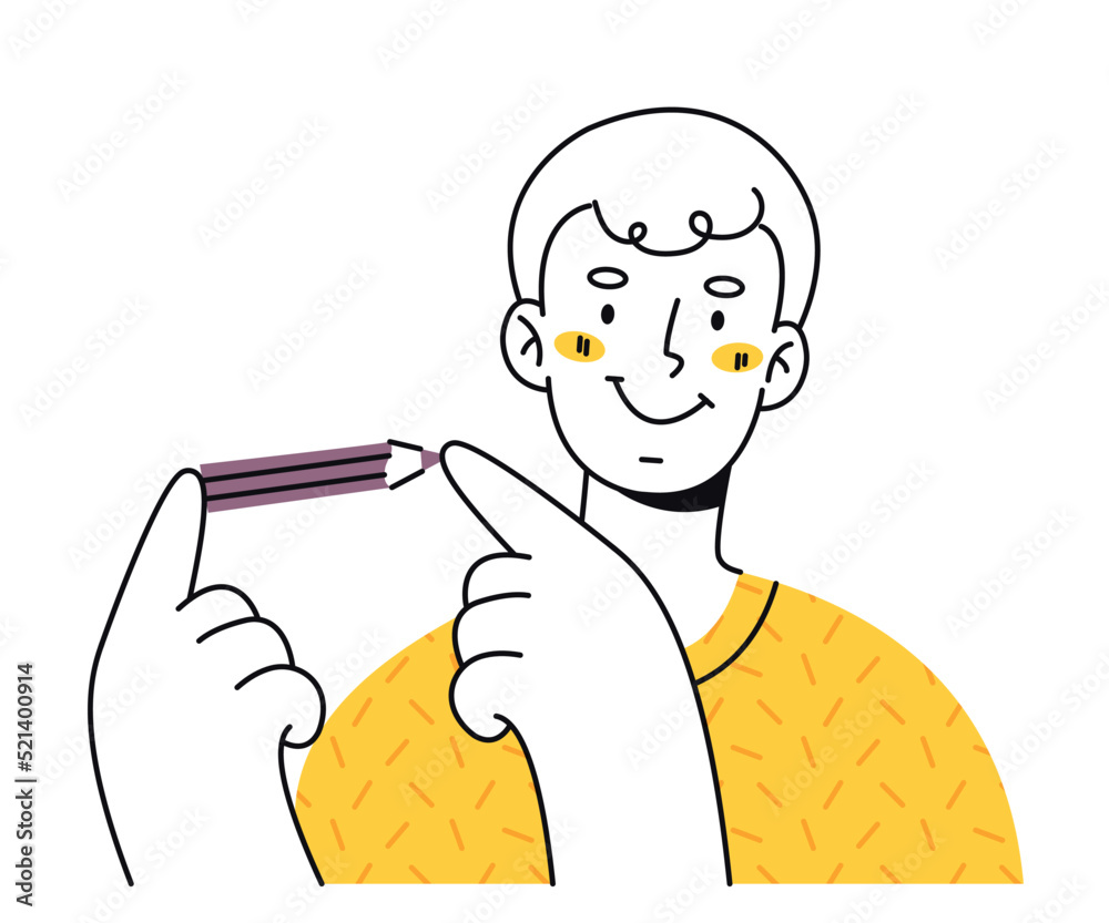 A smiling guy holds a pencil with his index fingers. Modern character in a linear style. Artist, painter, editor. A smiling guy holds a pencil with his index fingers. Modern character in a linear style. Artist, painter, editor.