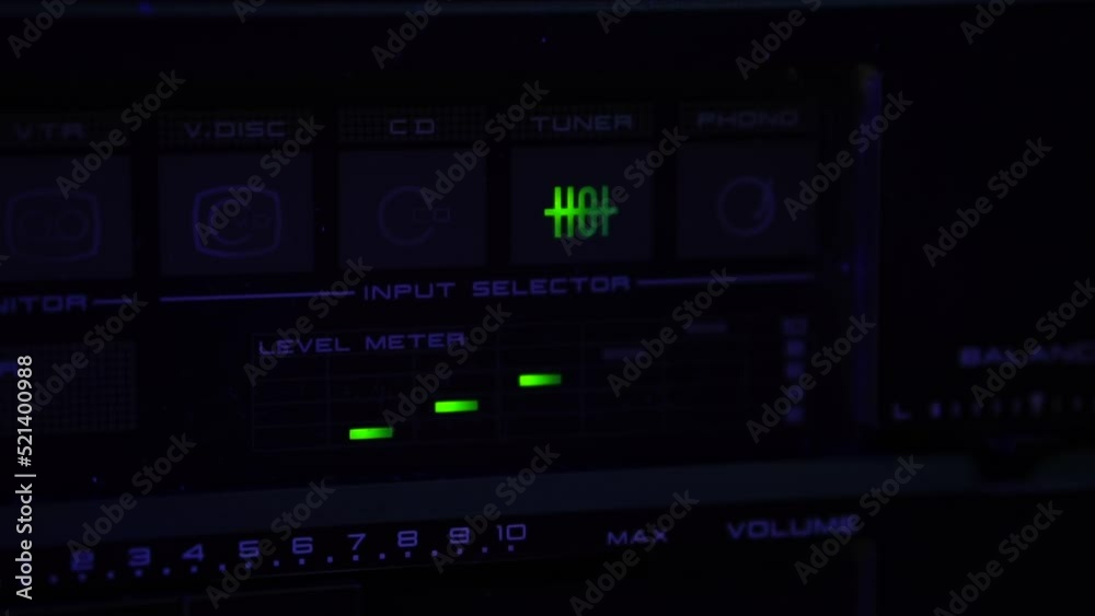 Audio Meter Level on Amplifier With Radio Receiver Tuner Indicator, Close Up Audio Meter Level on Amplifier With Radio Receiver Tuner Indicator, Close Up