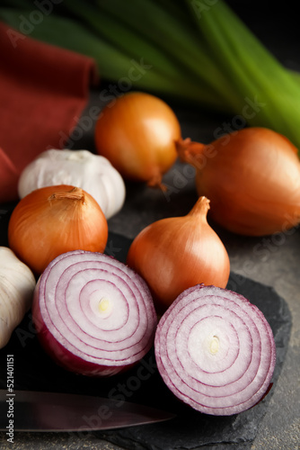 Fresh whole and cut onions, leek, garlic on grey table, closeup