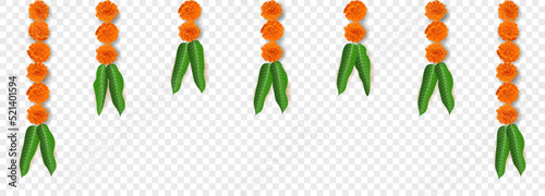 Marigold flowers Mango leaves Hanging decoration isolated for Hindu Festivals Diwali. Realistic Traditional household décor with shadow for auspicious occasions. Graphic resource vector illustration