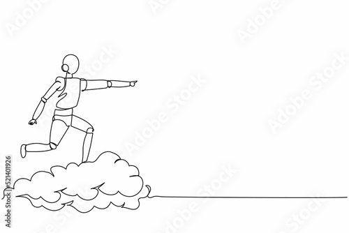 Single continuous line drawing robot riding cloud on the sky, pointing forward, go to future innovation. Robotic artificial intelligence. Electronic technology industry. One line graphic design vector