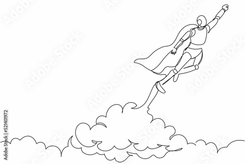 Continuous one line drawing super robot in cloak flying up to cloud sky. Startup business idea. Humanoid robot cybernetic organism. Future robotic development. Single line design vector illustration