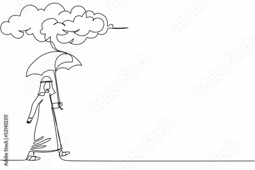 Single continuous line drawing Arabian businessman walking with umbrella under rain cloud. Depression, failed in business, passerby at rainy weather. One line draw graphic design vector illustration