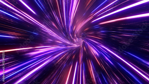 Schilderij op canvas A tunnel of neon lights and stripes moving rapidly across a dark background