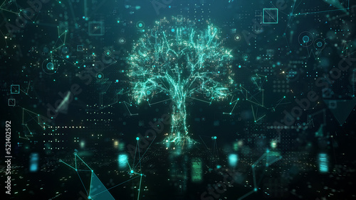 Digital Tree. Digital GPU. Information flow. Processing information. AI network technology or Green and Renewable energy concept. 3d rendering