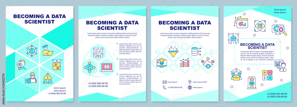Becoming data scientist brochure template. It branch. Leaflet design with linear icons. Editable 4 vector layouts for presentation, annual reports. Arial-Black, Myriad Pro-Regular fonts used