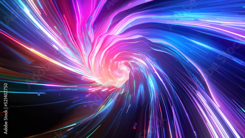 Abstract tunnel of a multicolor spectrum background. Bright rays of neon light and colorful glowing lines moving speed through the dark. 3d render