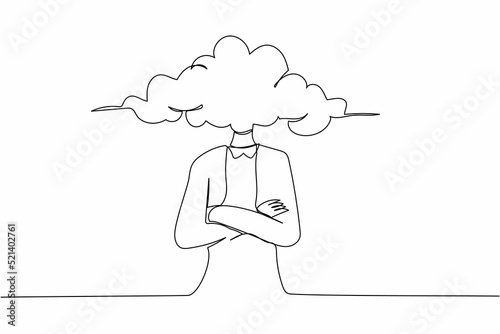 Single continuous line drawing cloud head businesswoman. Woman with empty head and cloud instead. Distracted, daydreaming, absent. Business metaphor. One line draw graphic design vector illustration