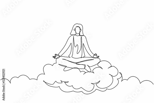 Single one line drawing relaxed businesswoman meditates in lotus position on clouds. Restful female manager relaxing with yoga and meditation pose. Continuous line design graphic vector illustration