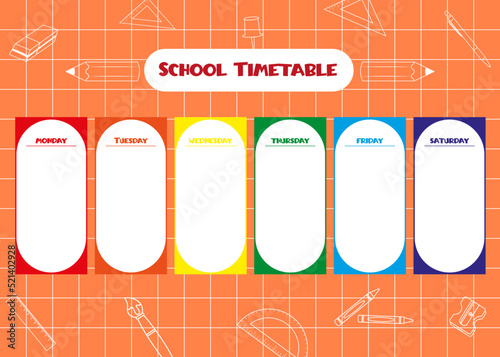 Back to School. School timetable for pupils. Hand drawn elements of school supplies.