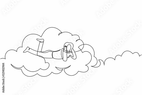 Continuous one line drawing dreamer businesswoman lay on the clouds and dreaming or thinking about new business project. Female resting after work. Single line draw design vector graphic illustration