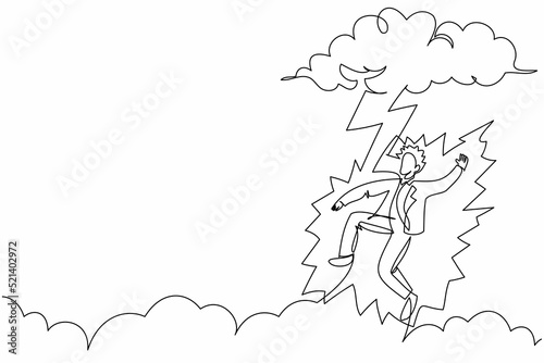 Continuous one line drawing unhappy businessman struck by lightning or thunder from dark cloud. Bad luck, misery, unlucky, disaster, risk, danger. Single line draw design vector graphic illustration