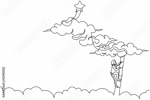 Single one line drawing active businesswoman climbing ladder to reach out for stars, career path goal. Successful motivation, winner, finish. Continuous line draw design graphic vector illustration