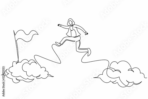Continuous one line drawing brave businesswoman jump and leap over clouds to reach success target flag. Challenge of her career. Business metaphor. Single line draw design vector graphic illustration