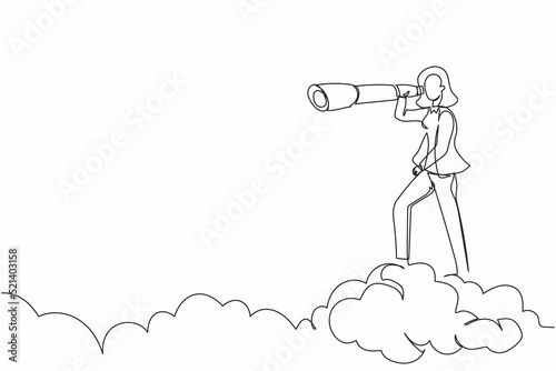 Single one line drawing visionary businesswoman on top cloud holding binocular to search for business idea. Leadership vision to see company strategy. Continuous line draw design vector illustration